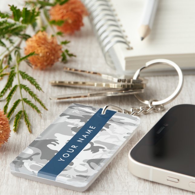 Winter Snow Gray Camouflage Your name Personalize Keychain (Front Right)