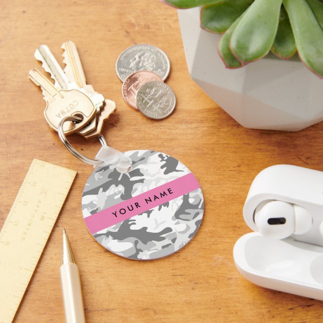 Winter Snow Gray Camouflage Your name Personalize Keychain (Desk)