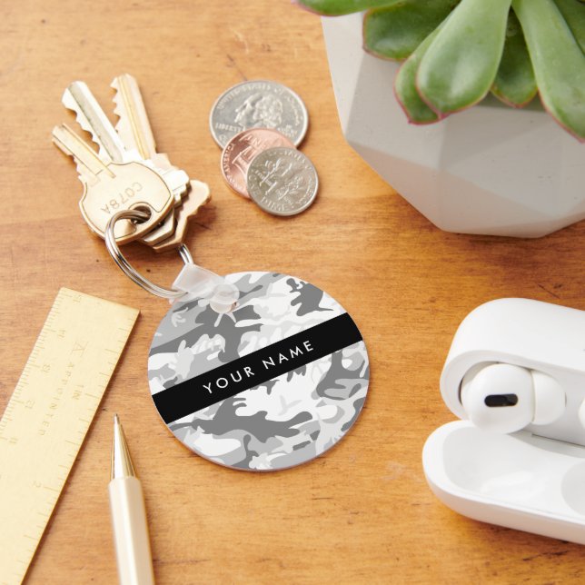Winter Snow Gray Camouflage Your name Personalize Keychain (Desk)