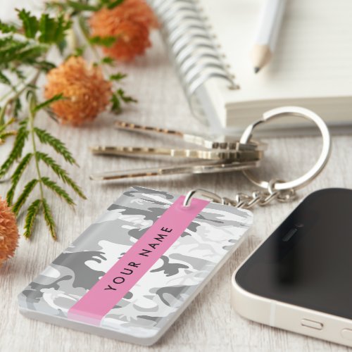 Winter Snow Gray Camouflage Your name Personalize Keychain