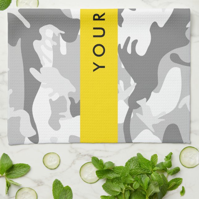 Winter Snow Gray Camouflage Your name Personalize Kitchen Towel (Folded)
