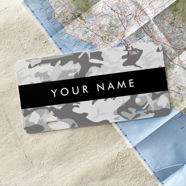 Winter Snow Gray Camouflage Your name Personalize License Plate (In Situ)
