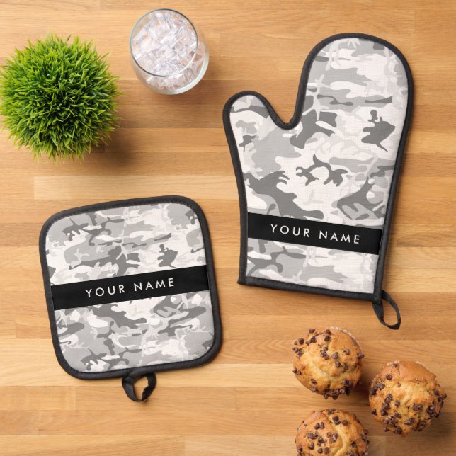 Winter Snow Gray Camouflage Your name Personalize Oven Mitt & Pot Holder Set (Top Down)