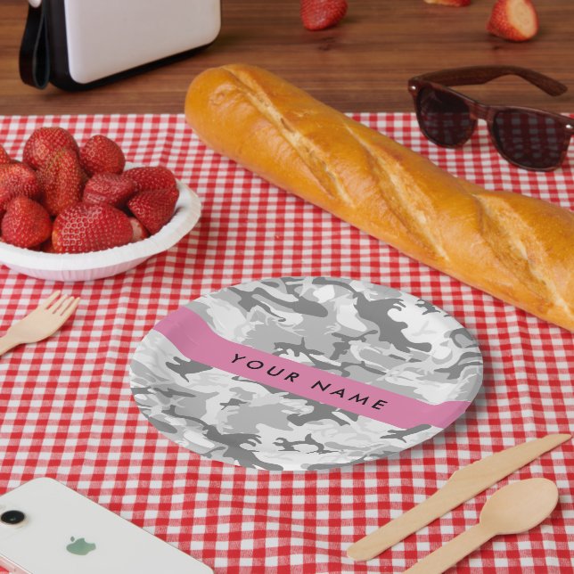 Winter Snow Gray Camouflage Your name Personalize Paper Plates (Picnic)