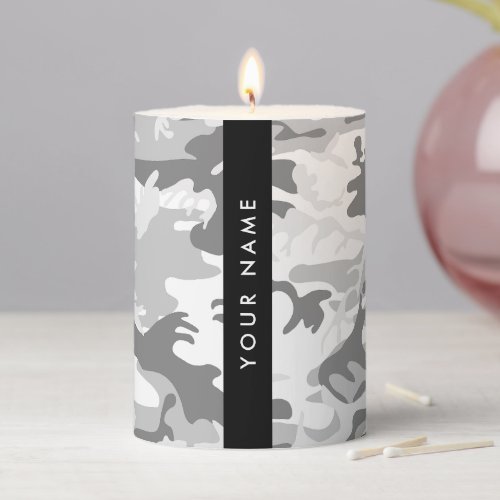 Winter Snow Gray Camouflage Your name Personalize Pillar Candle
