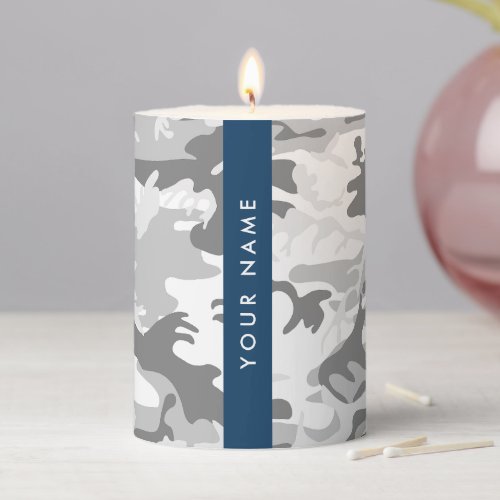 Winter Snow Gray Camouflage Your name Personalize Pillar Candle