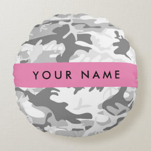 Winter Snow Gray Camouflage Your name Personalize Round Pillow