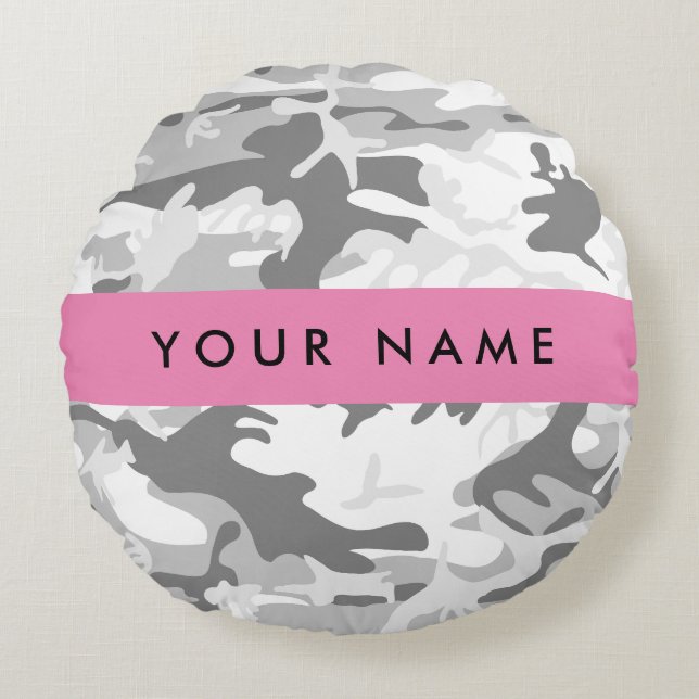 Winter Snow Gray Camouflage Your name Personalize Round Pillow (Front)