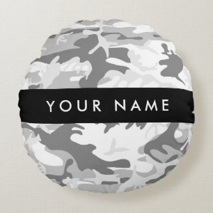 Winter Snow Gray Camouflage Your name Personalize Round Pillow