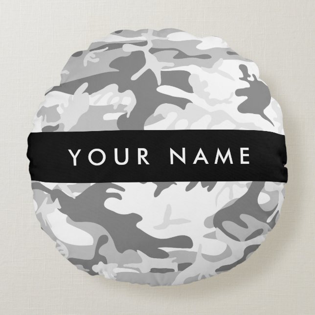 Winter Snow Gray Camouflage Your name Personalize Round Pillow (Front)