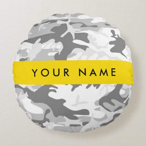 Winter Snow Gray Camouflage Your name Personalize Round Pillow