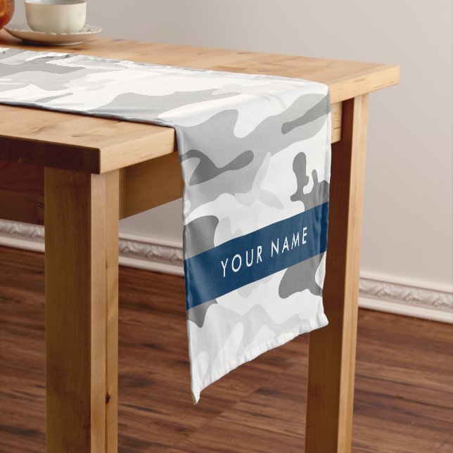 Winter Snow Gray Camouflage Your name Personalize Short Table Runner (In Situ)