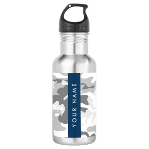 Winter Snow Gray Camouflage Your name Personalize Stainless Steel Water Bottle