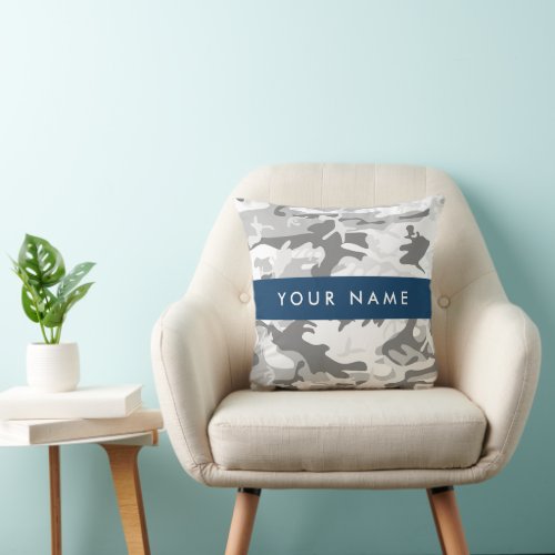 Winter Snow Gray Camouflage Your name Personalize Throw Pillow