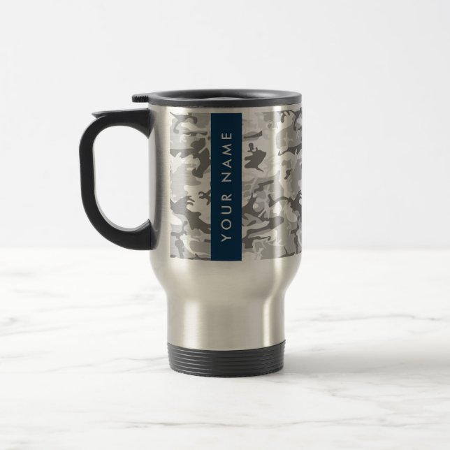 Winter Snow Gray Camouflage Your name Personalize Travel Mug (Left)