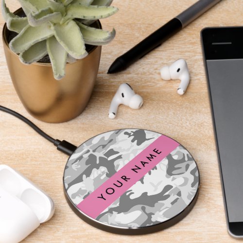 Winter Snow Gray Camouflage Your name Personalize Wireless Charger