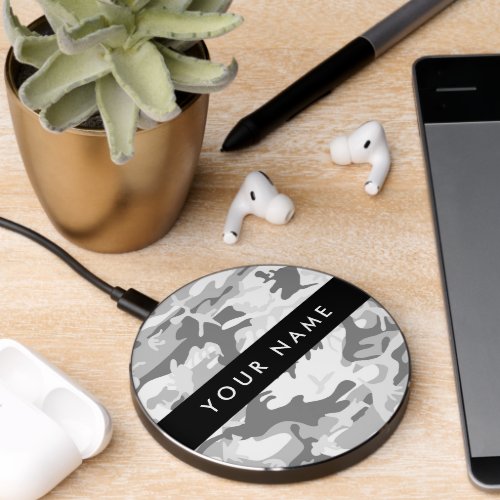 Winter Snow Gray Camouflage Your name Personalize Wireless Charger