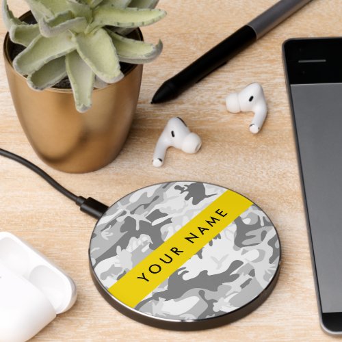 Winter Snow Gray Camouflage Your name Personalize Wireless Charger