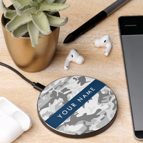 Winter Snow Gray Camouflage Your name Personalize Wireless Charger