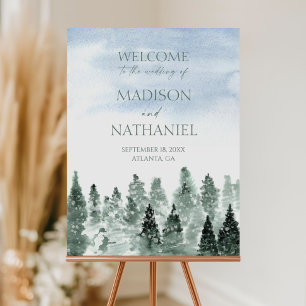 Winter Snow Green Pine Trees Wedding Welcome Sign