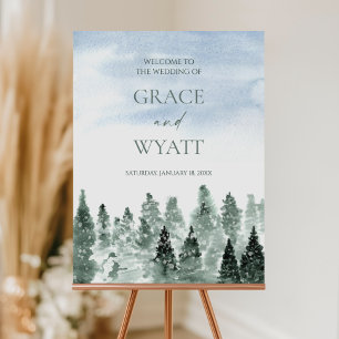 Winter Snow Green Pine Trees Wedding Welcome Sign