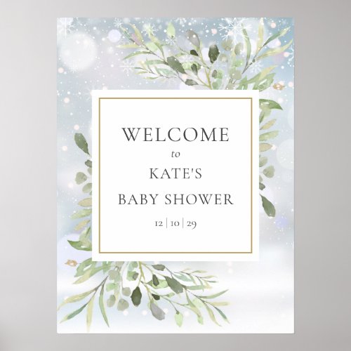 Winter Snow Greenery Baby Shower Welcome Sign