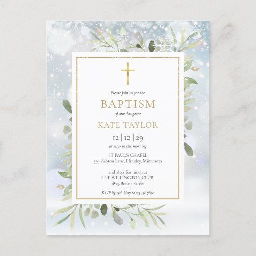 Winter Snow Greenery Baptism Invitation | Zazzle