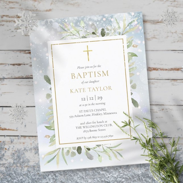 Winter Snow Greenery Baptism Invitation (Winter Snow Greenery Baptism Invitation)