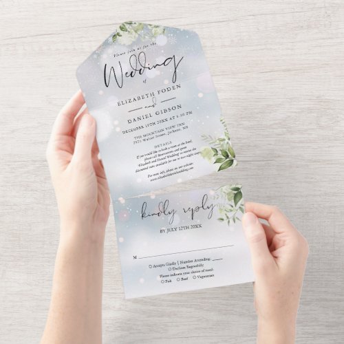Winter Snow Greenery Floral Details RSVP Wedding All In One Invitation