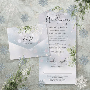 Winter Snow Greenery Floral Details RSVP Wedding All In One Invitation