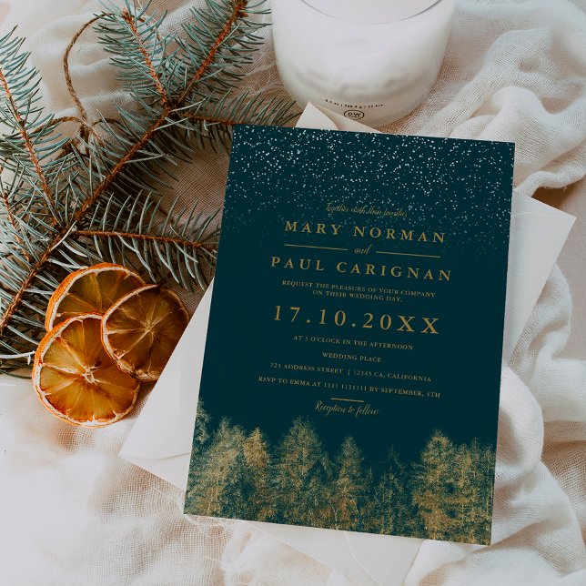 Winter snow greenpine forest blue wedding invitation (Winter snow green pine forest blue wedding invitation)