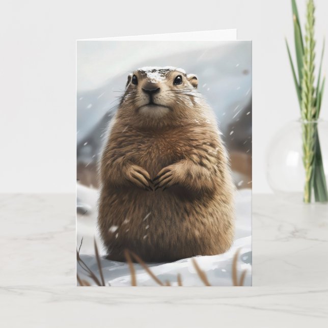 Winter Snow Groundhog Holiday Card (Front)