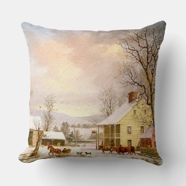 Winter Snow Horse Sleigh Ride Store Throw Pillow (Front)