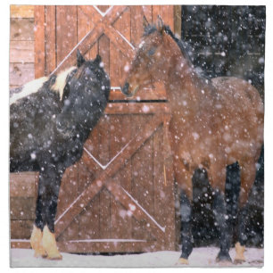 Winter Snow Horses in Barn Cloth Napkin