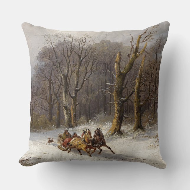 Winter Snow Horses Sleigh Ride Forest Throw Pillow (Front)