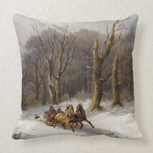 Winter Snow Horses Sleigh Ride Forest Throw Pillow