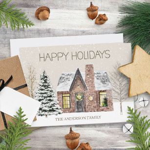 Winter Snow House Pine Tree Happy Holidays  Holiday Card