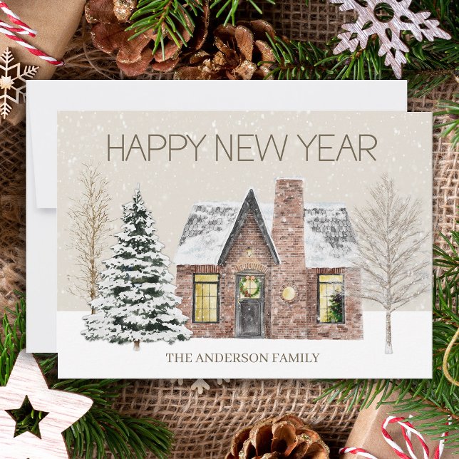 Winter Snow House Pine Tree Happy New Year Holiday Card (Rustic country "Happy New Year" customizable greeting card. Personalize with your own text. )