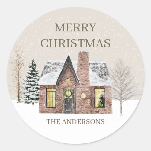 Winter Snow House Pine Tree Merry Christmas Name Classic Round Sticker