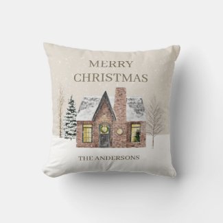 Winter Snow House Pine Tree Merry Christmas Name 