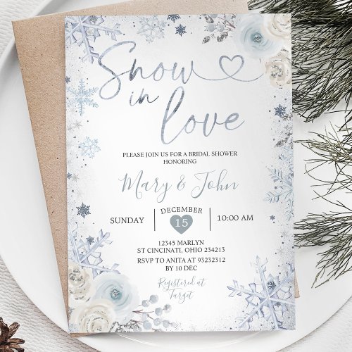 Winter Snow in Love Blue Snowflake Bridal Shower Invitation