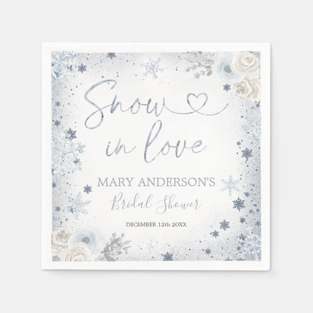 Winter Snow in Love Snowflake Bridal Shower Paper Napkins (Front)