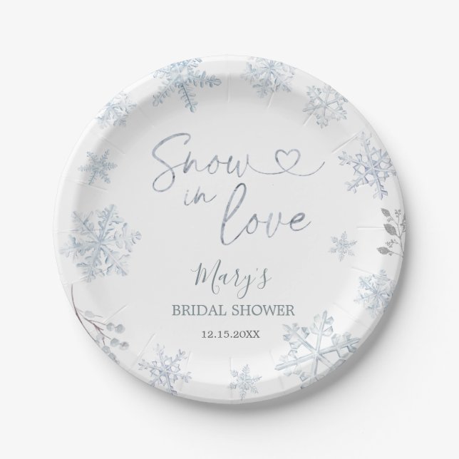 Winter Snow in Love Snowflake Bridal Shower Paper Plates (Front)