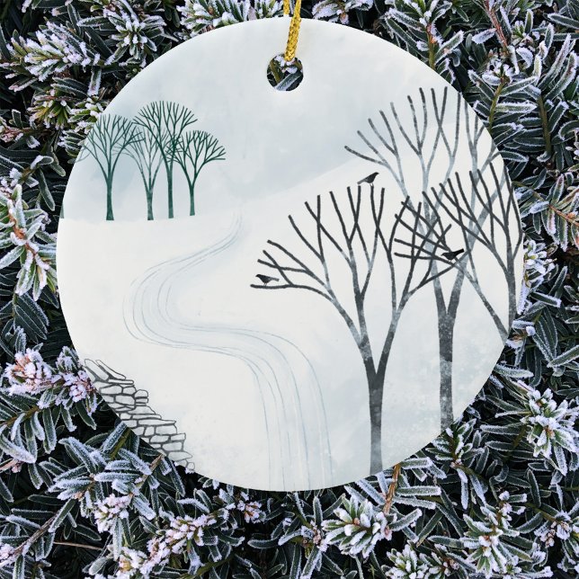 Winter Snow Landscape Ceramic Ornament (Winter landscape art Christmas ornament)