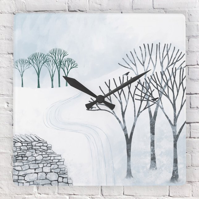 Winter Snow Landscape Painting Square Wall Clock (Snowy winter landscape with trees and wall art wall clock)