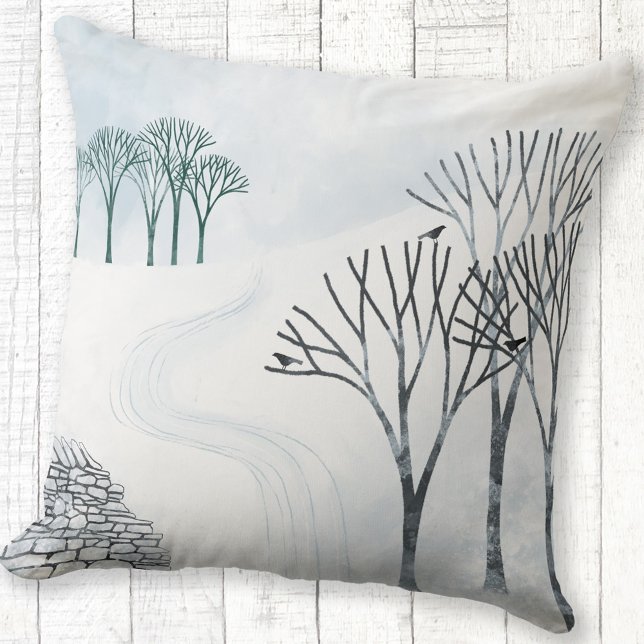 Winter Snow Landscape Painting Throw Pillow (More Snow to Come winter landscape painting art throw pillow)