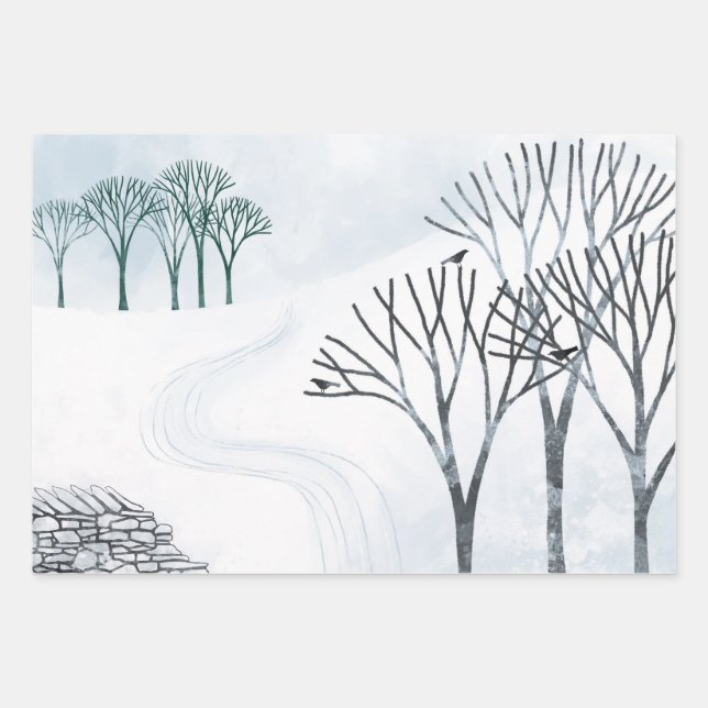 Winter Snow Landscape Painting Wrapping Paper Sheets (Front)