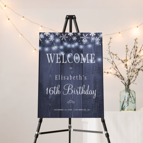 Winter snow lights birthday welcome sign