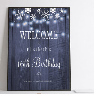 Winter snow lights birthday welcome sign