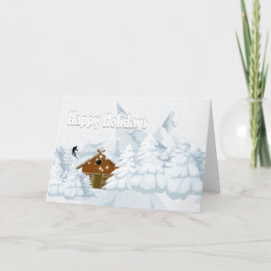 Winter snow log cabin skiing vacation holiday card